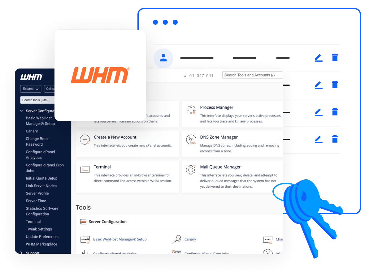 WHM dashboard with account management, DNS zones, and server monitoring